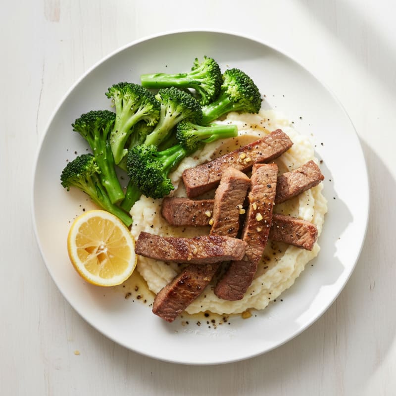 Seared Lean Beef Strips with Steamed Broccoli and Cauliflower Mash