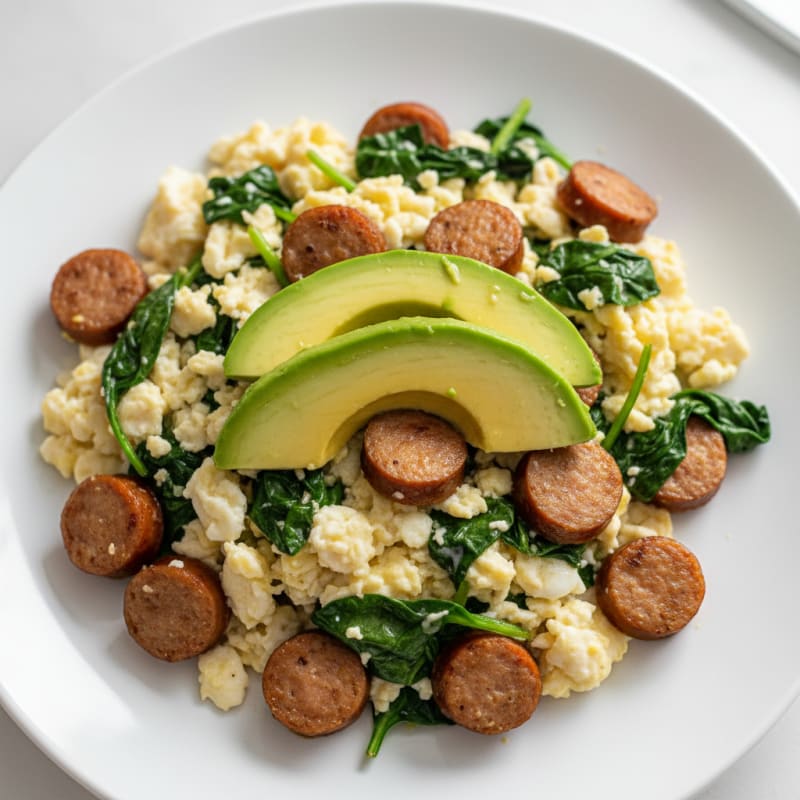 Egg White Scramble with Turkey Sausage and Sautéed Spinach