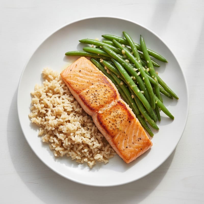 Seared Salmon Fillet with Garlic Green Beans and Brown Rice
