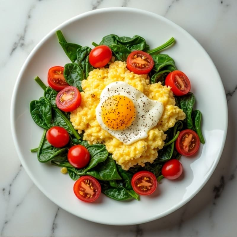 Fluffy Egg White Scramble with Sautéed Spinach and Cherry Tomatoes