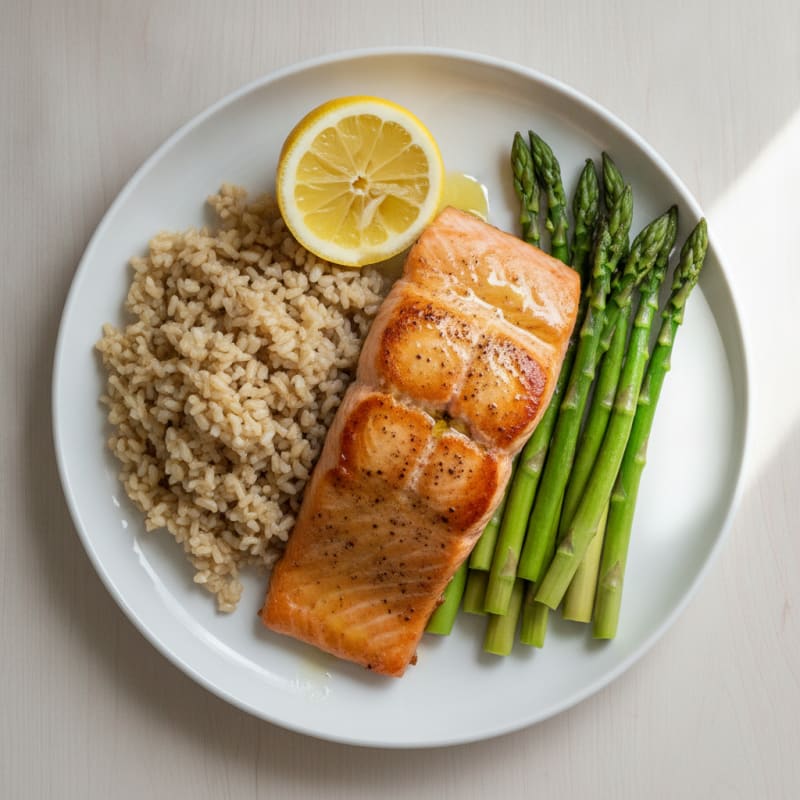 Seared Salmon with Steamed Asparagus and Brown Rice