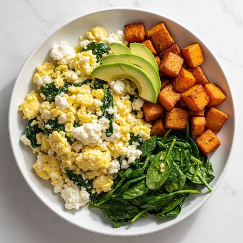Cottage Cheese Scramble with Sautéed Spinach and Roasted Sweet Potatoes