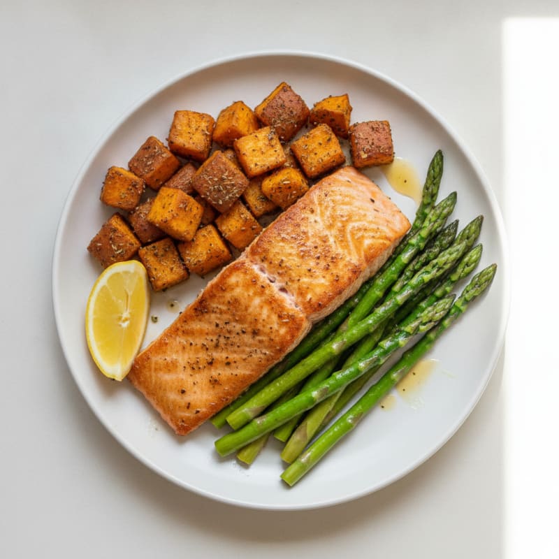Seared Salmon with Roasted Sweet Potatoes and Asparagus