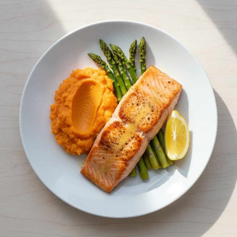 Seared Salmon Fillet with Roasted Asparagus and Sweet Potato Mash