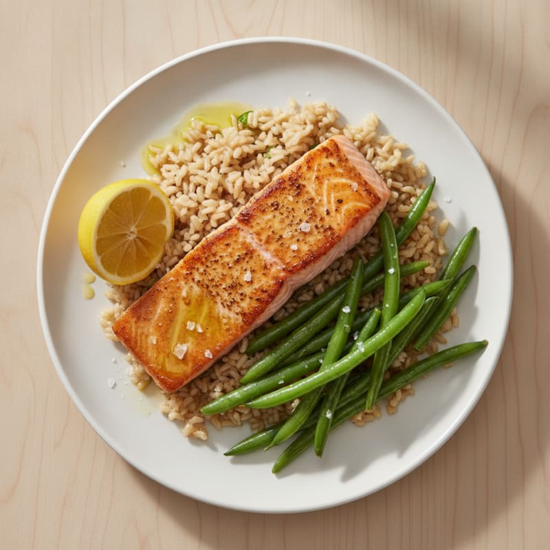 Seared Salmon with Steamed Green Beans and Brown Rice