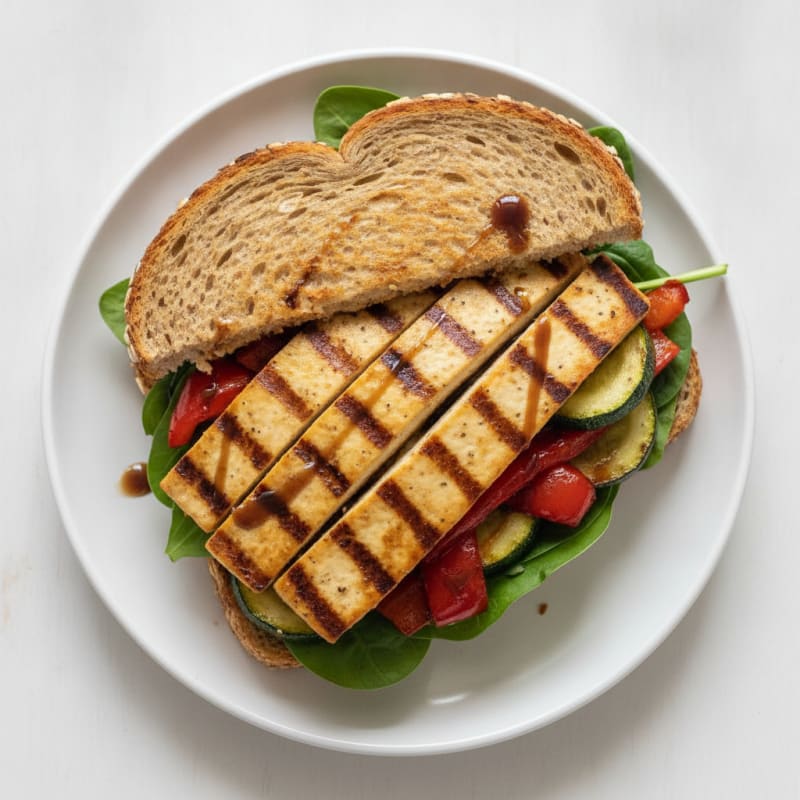 Grilled Tofu and Roasted Veggie Sandwich on Whole Grain Bread