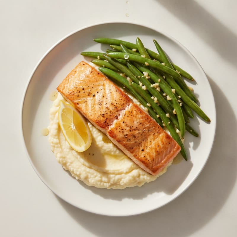 Seared Salmon with Garlic Green Beans and Cauliflower Mash
