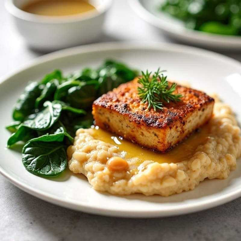Seared Tempeh with Creamy White Bean Mash and Sautéed Spinach