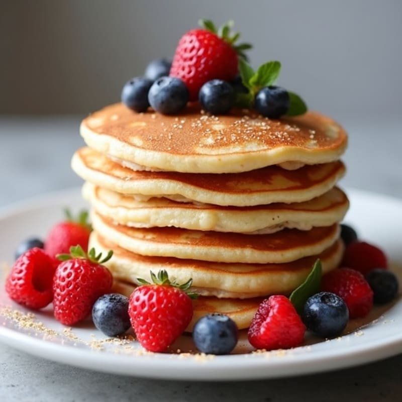 Fluffy Vanilla Bean Protein Pancakes with Fresh Berries
