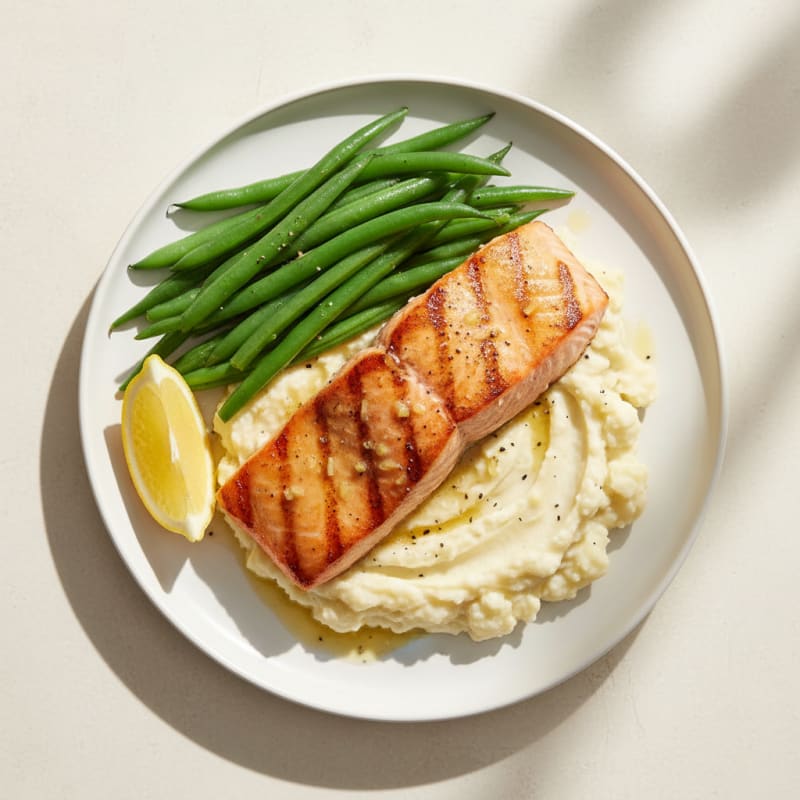 Seared Salmon with Steamed Green Beans and Mashed Cauliflower