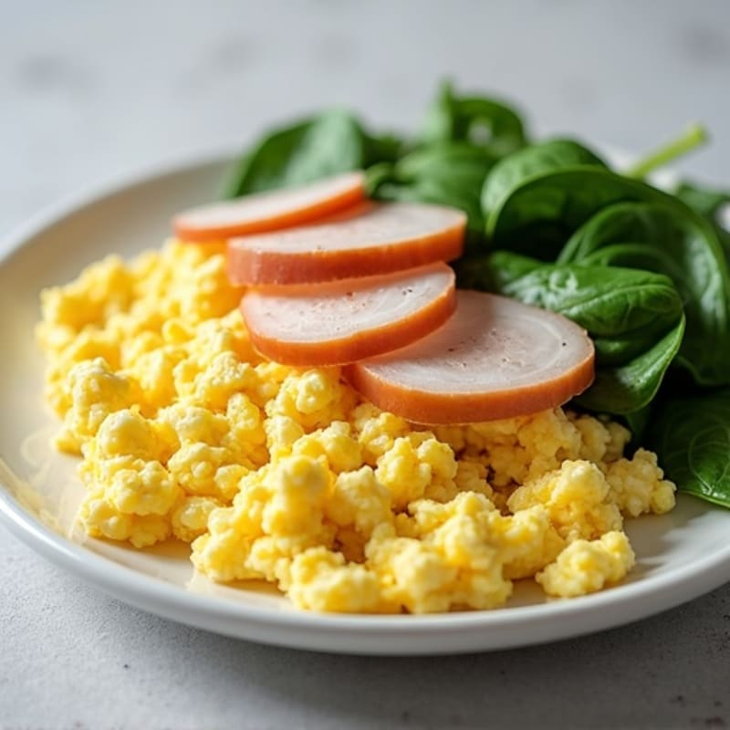 Cottage Cheese Egg White Scramble with Baby Spinach and Sliced Turkey