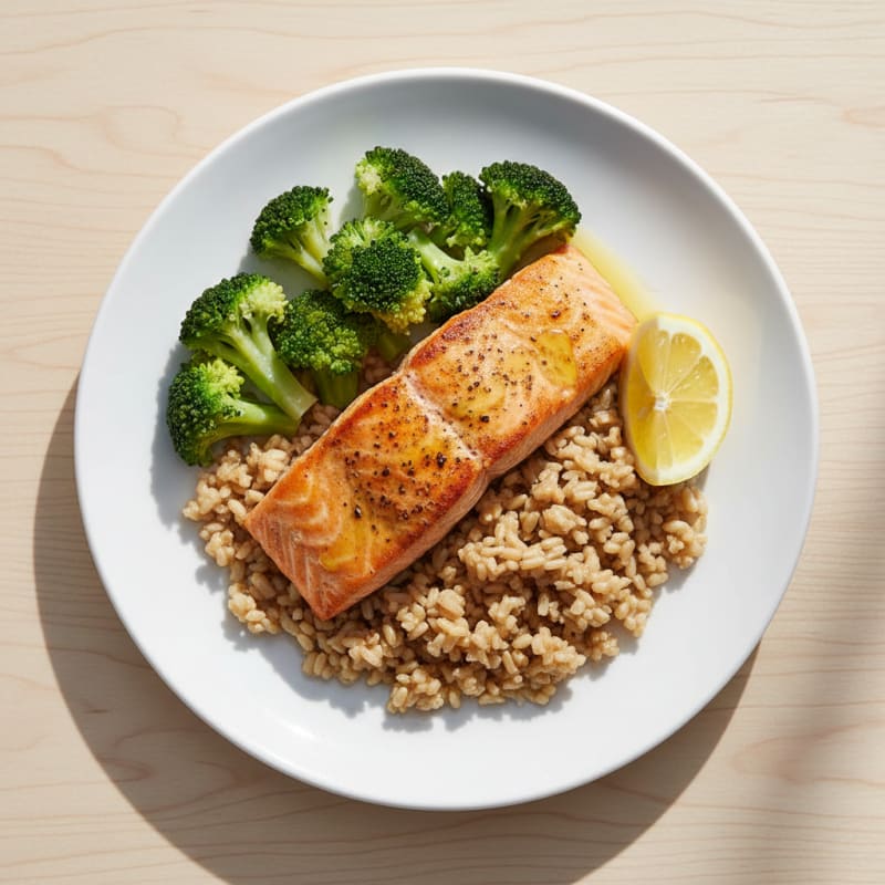 Seared Salmon with Steamed Broccoli and Brown Rice
