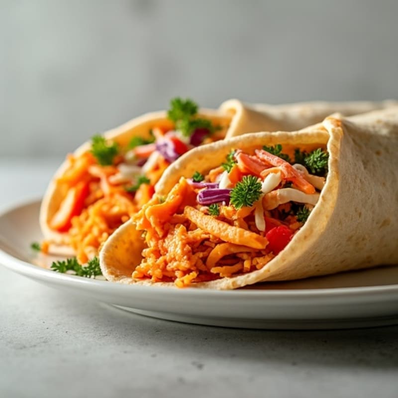 Shredded Buffalo Chicken Wraps with Crunchy Slaw