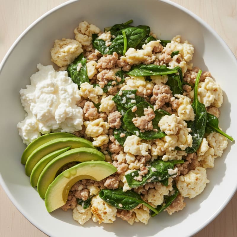 Egg White and Turkey Spinach Scramble with Cottage Cheese