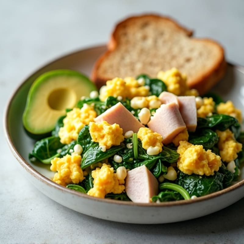 Egg White Spinach Scramble with Cottage Cheese and Sliced Turkey