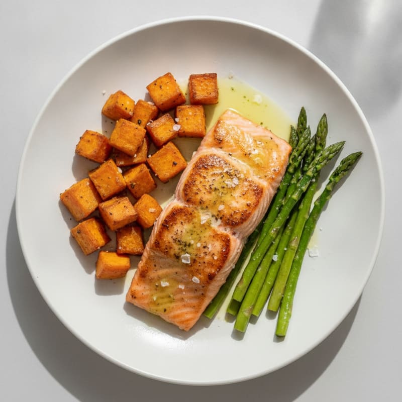 Seared Salmon Filet with Roasted Sweet Potato and Asparagus