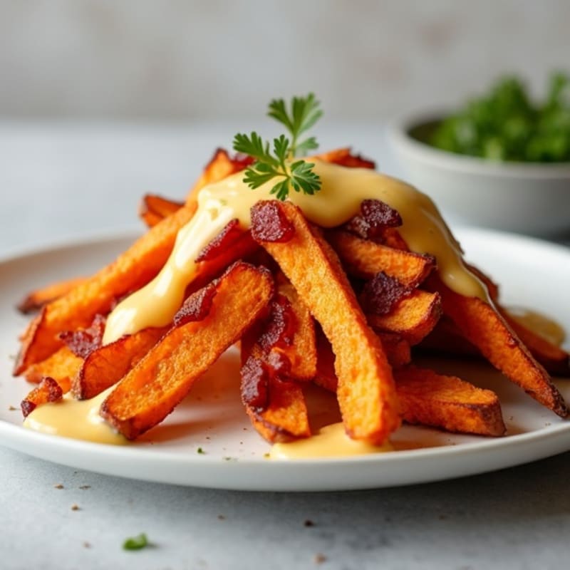 Crispy Roasted Sweet Potato Fries with Lean Bacon and Creamy Cheddar Sauce