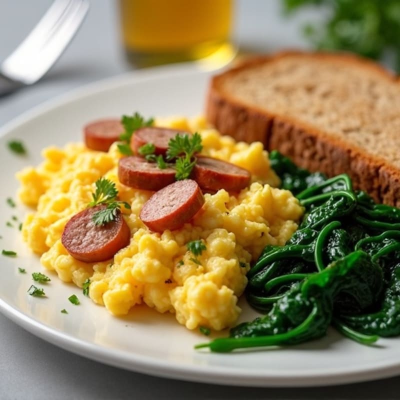 Egg White and Turkey Sausage Scramble with Sautéed Spinach