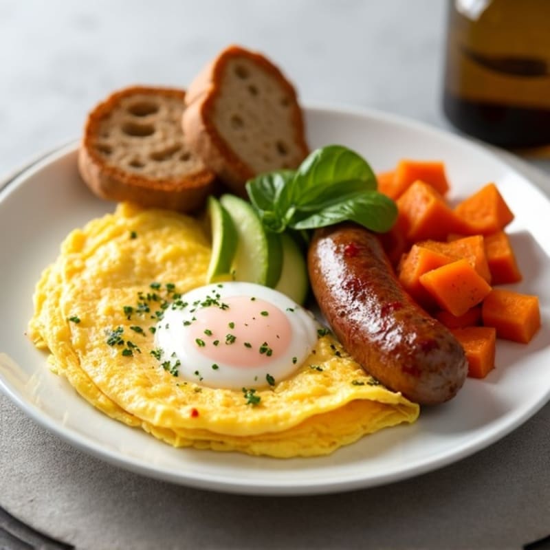 Egg White Omelette with Turkey Sausage and Roasted Sweet Potato