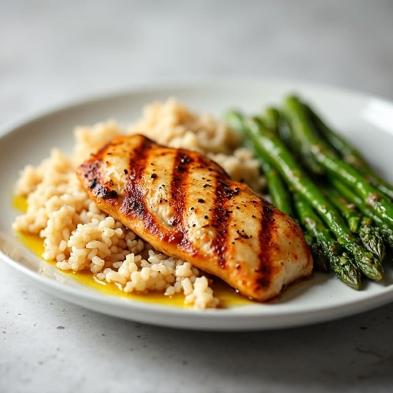 Grilled Chicken with Fluffy Brown Rice and Roasted Asparagus