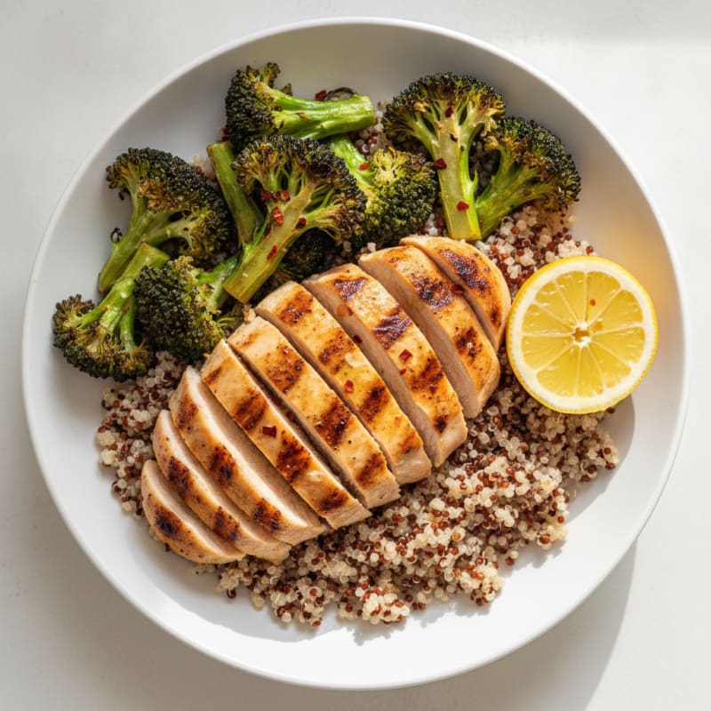 Grilled Chicken and Quinoa Bowl with Roasted Broccoli