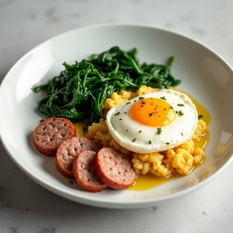 Egg White and Turkey Sausage Scramble with Sautéed Spinach