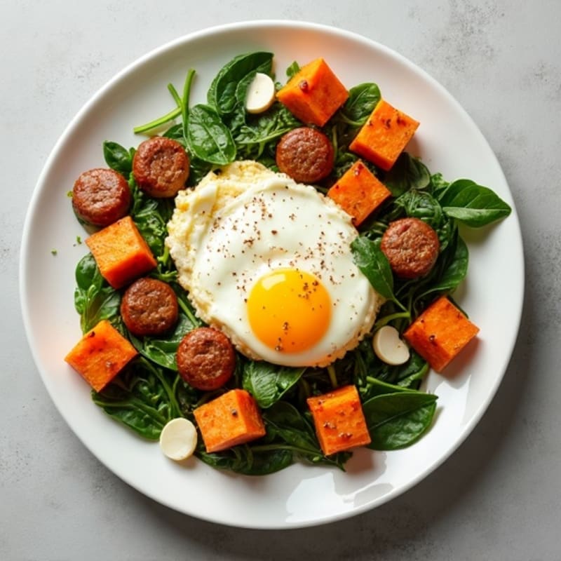 Egg White and Turkey Sausage Scramble with Spinach and Roasted Sweet Potatoes