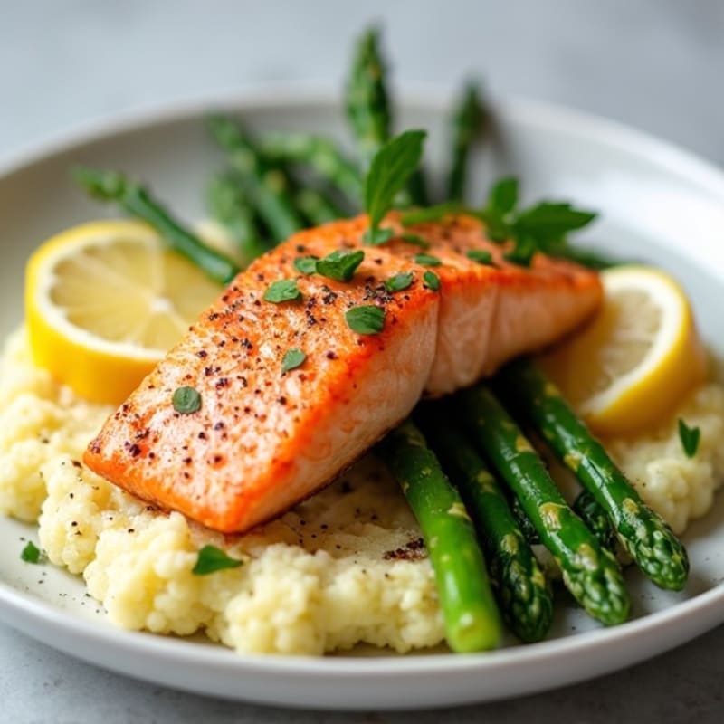 Seared Salmon with Steamed Asparagus and Mashed Cauliflower
