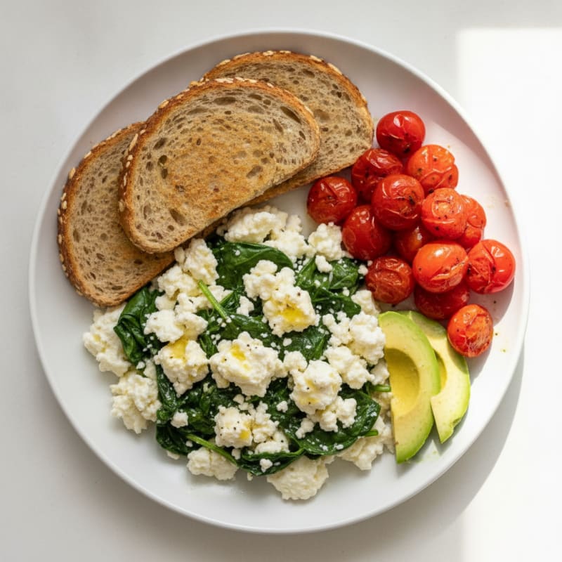 Egg White and Spinach Scramble with Cottage Cheese and Cherry Tomatoes