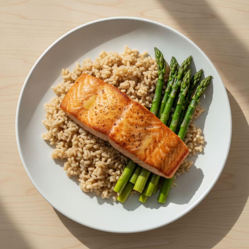 Seared Salmon with Steamed Asparagus and Brown Rice