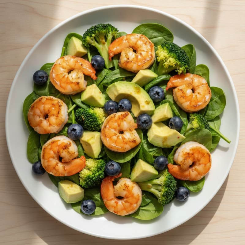 Seared Shrimp and Avocado Salad with Broccoli and Blueberries