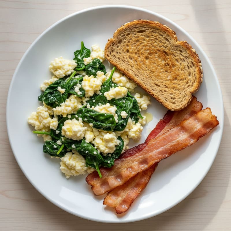 Cottage Cheese Scramble with Spinach and Turkey Bacon