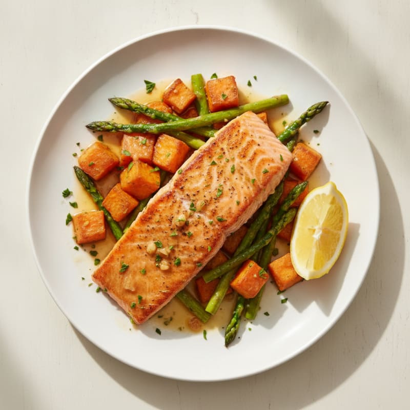 Seared Salmon Fillet with Roasted Sweet Potatoes and Asparagus