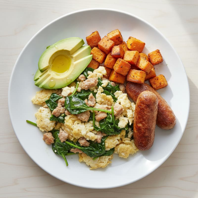 Egg White Scramble with Turkey Sausage and Spinach