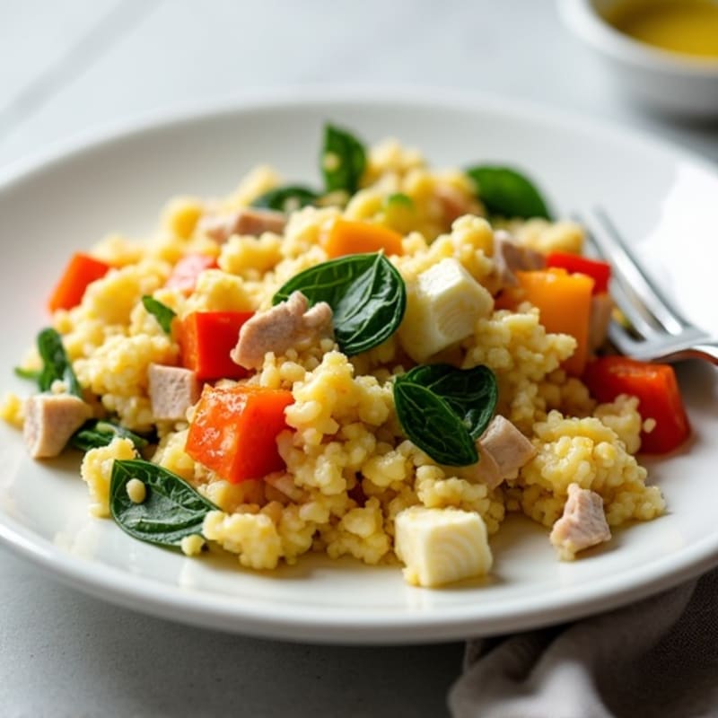 Egg White Veggie Scramble with Cottage Cheese and Sliced Turkey