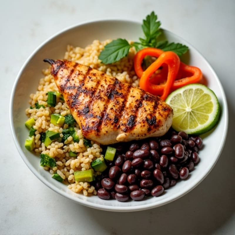 Grilled Chicken and Veggie Burrito Bowl with Cilantro-Lime Rice