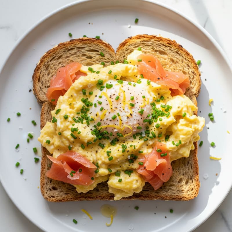 Smoked Salmon and Chive Scrambled Eggs on Sprouted Toast