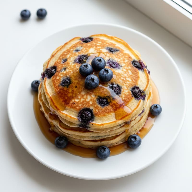 Blueberry Ricotta Pancakes with Maple Syrup