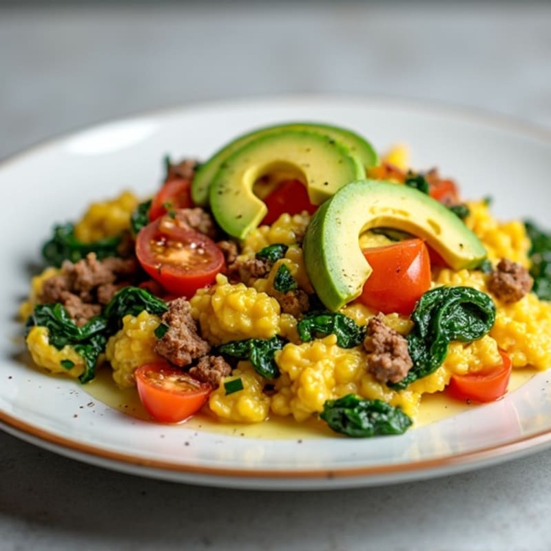 Scrambled Eggs with Ground Beef and Spinach
