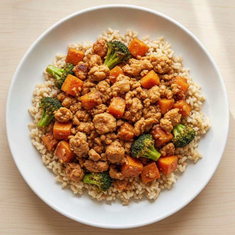 Ground Chicken and Vegetable Stir Fry with Brown Rice