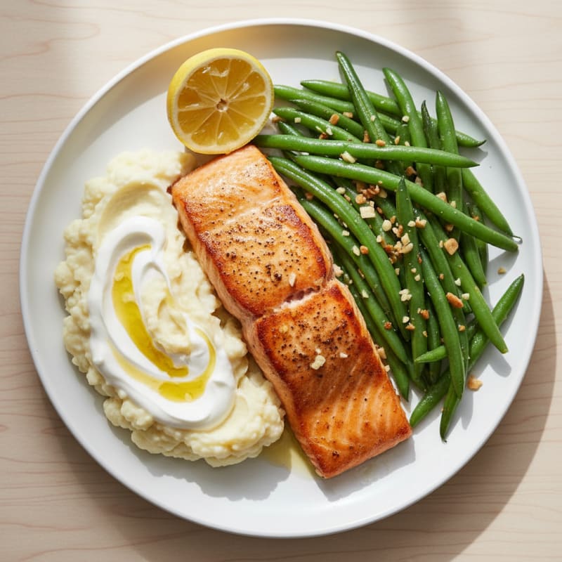 Seared Salmon with Garlic Green Beans and Mashed Cauliflower