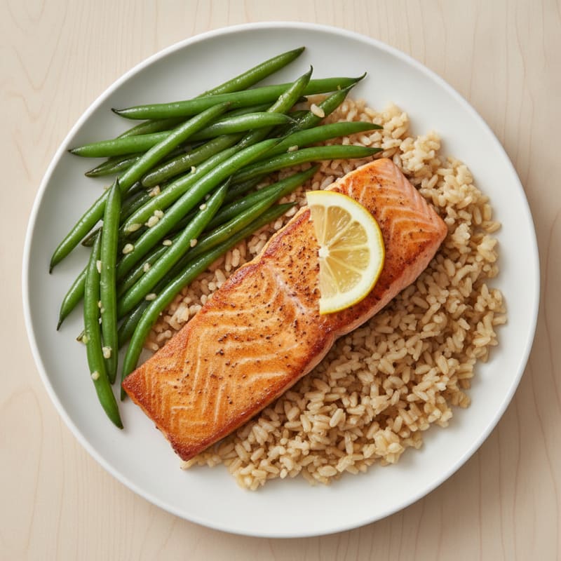 Seared Salmon with Garlic Green Beans and Brown Rice