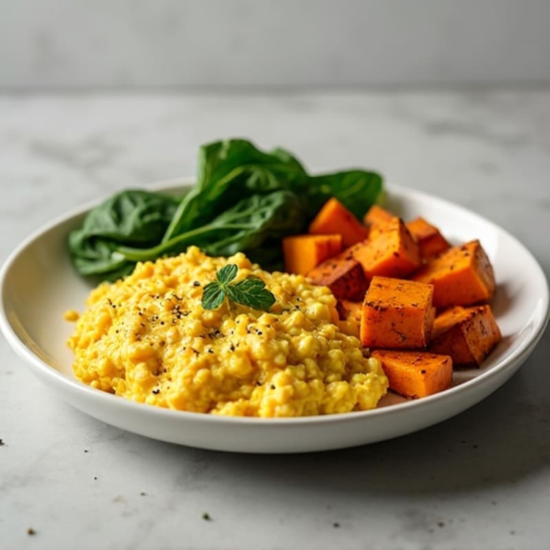 Creamy Tofu Scramble with Spinach and Roasted Sweet Potatoes