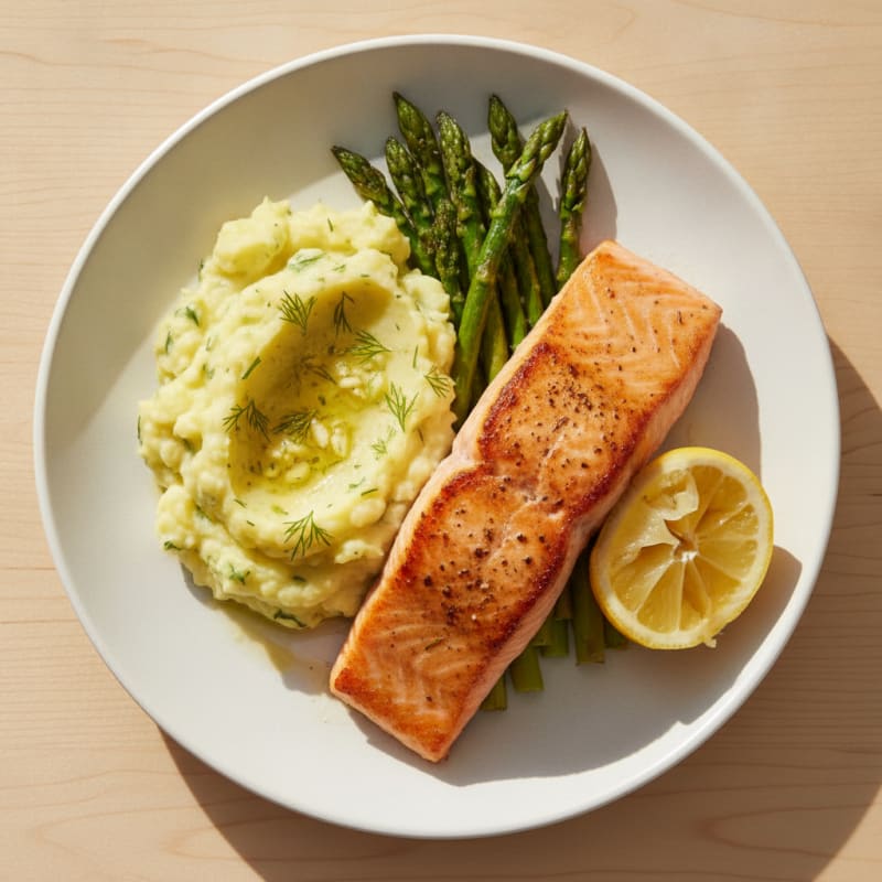 Pan-Seared Salmon with Herb Potato Mash and Roasted Asparagus