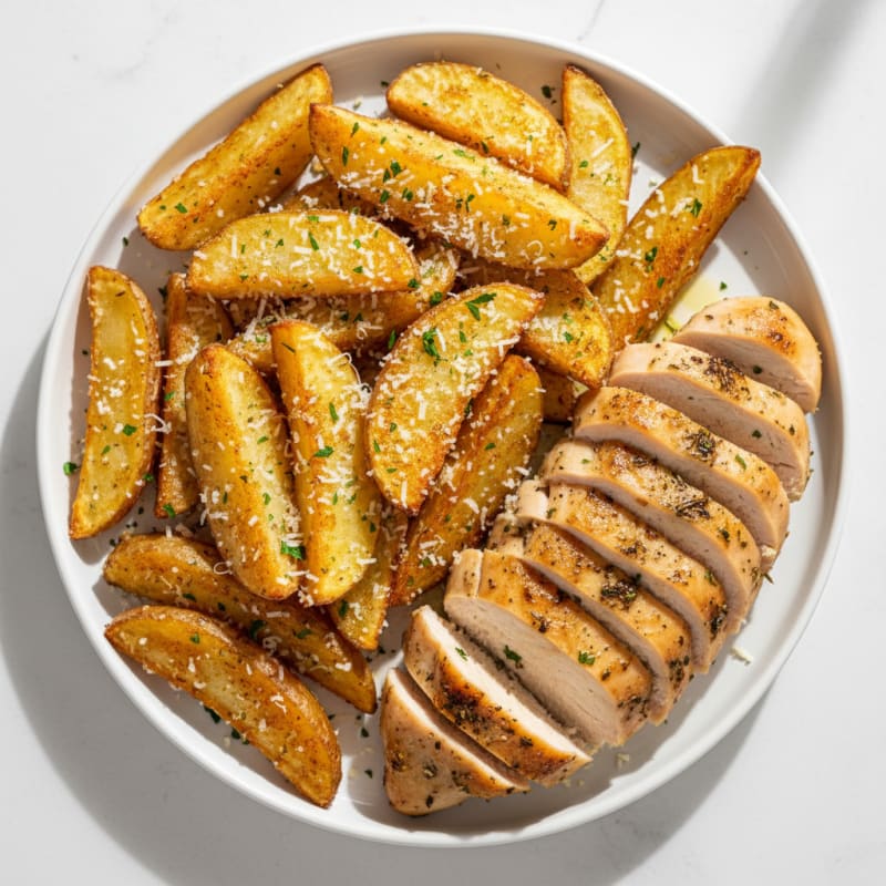 Garlic Parmesan Potato Fries with Herb-Roasted Chicken