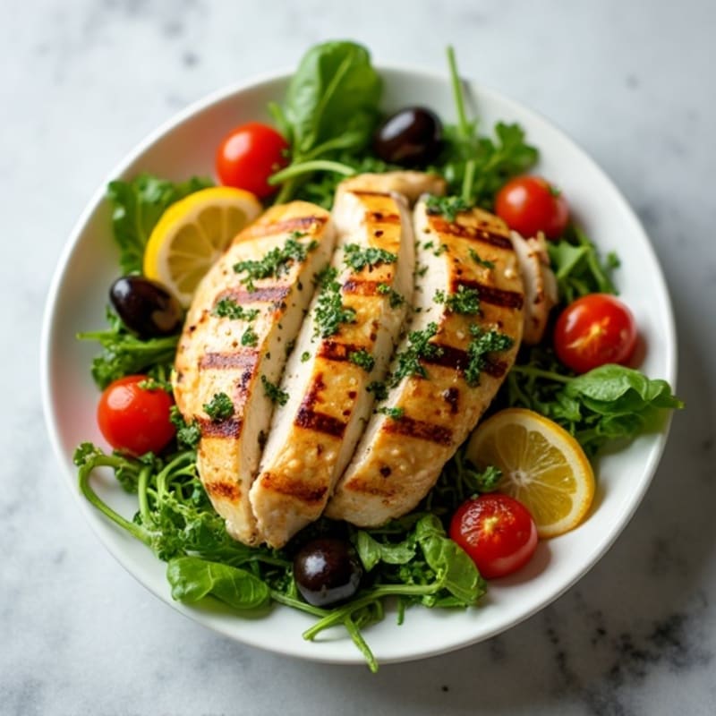 Lemon-Herb Grilled Chicken Salad with Crisp Greens and Olives