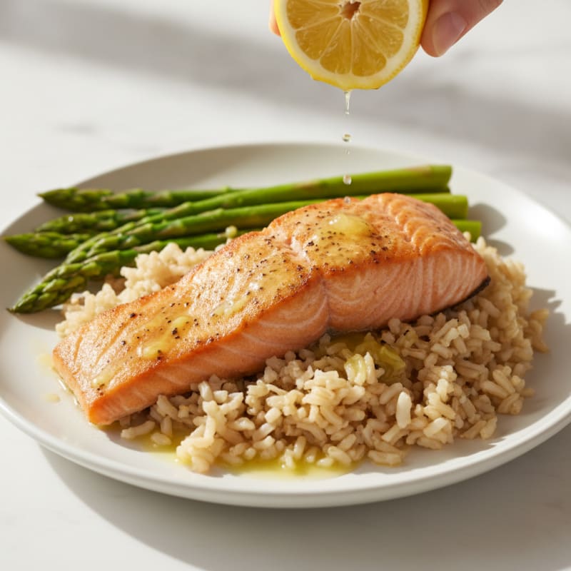 Seared Salmon Fillet with Steamed Asparagus and Brown Rice