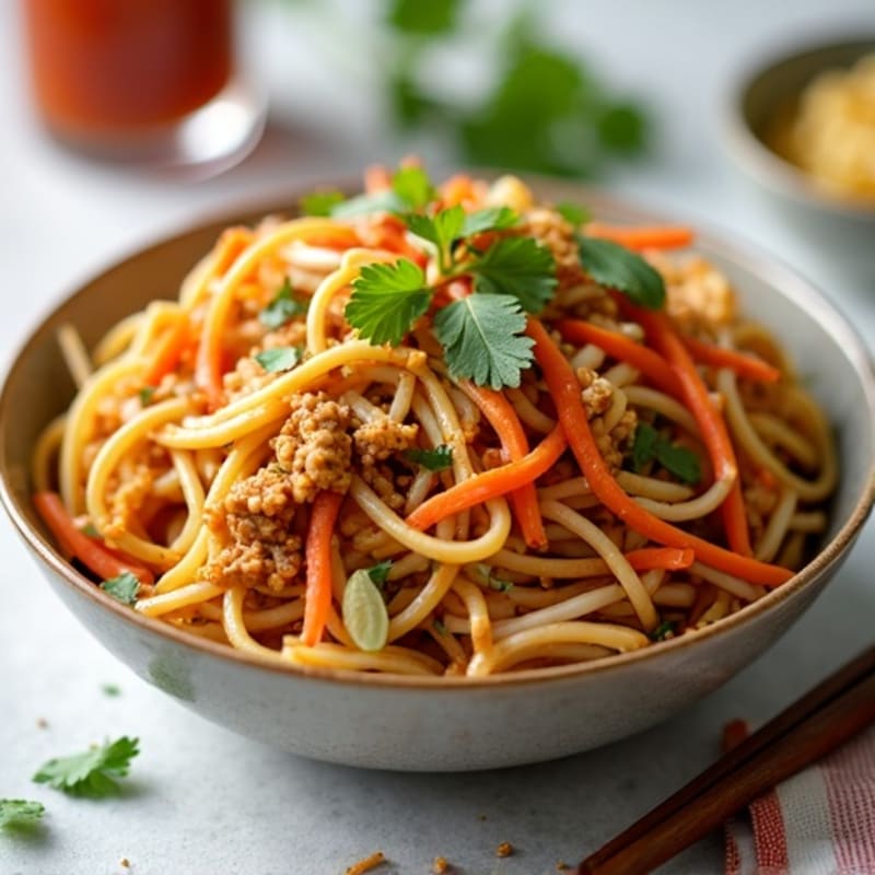 Spicy Peanut Ground Pork Noodles with Crisp Veggies