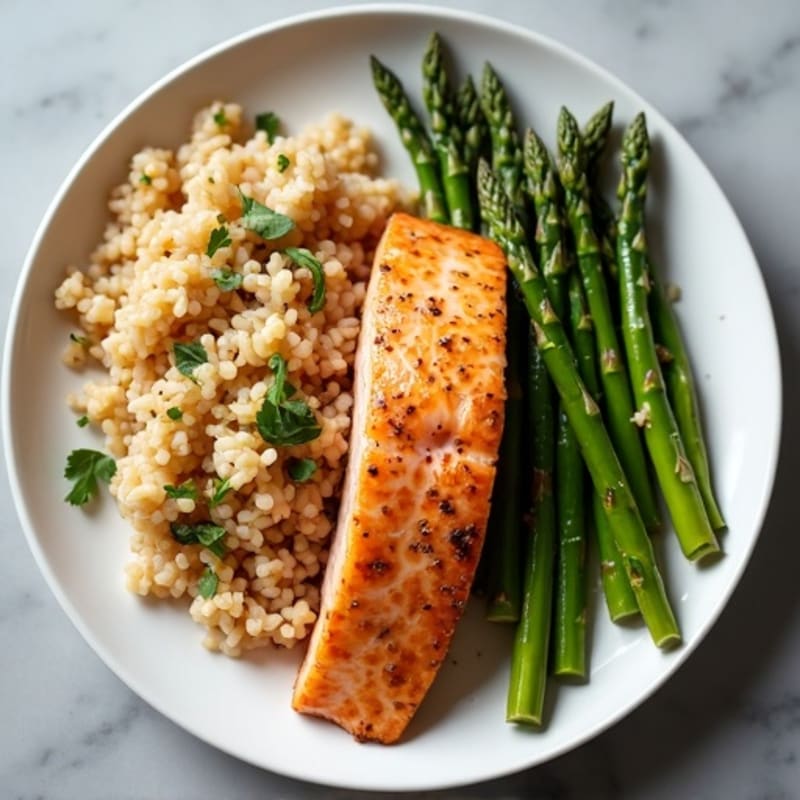 Seared Salmon with Steamed Asparagus and Brown Rice