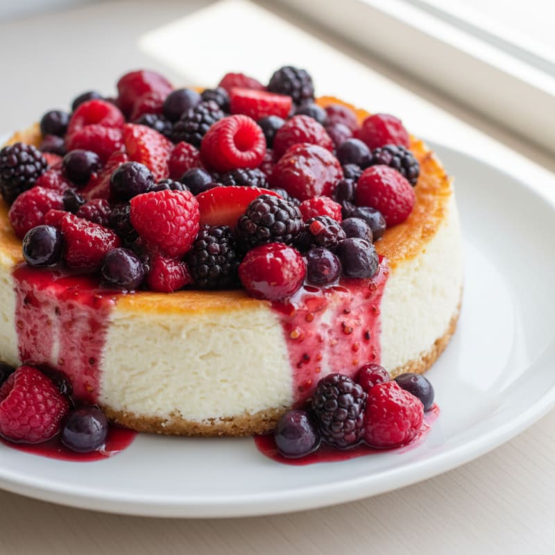 Greek Yogurt Protein Cheesecake with Mixed Berries